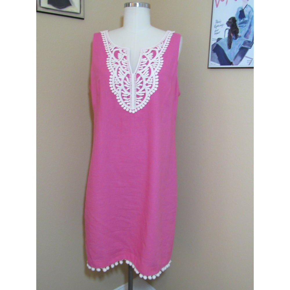 J Howard Linen Rayon Pink V Neck Crochet Detail Sleeveless Pom Pom Trim Dress 12